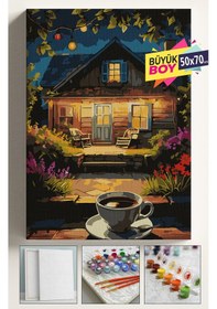 Resim Sayılarla Boyama Seti Numaralı Tuval Fırça Boya Dahil Kasnaklı Set 50x70 Cm - Kahve Ve Ev 