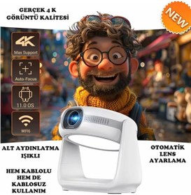 Resim TECHNOMEN Taşınabilir Sinema Projektörü 4K Şarjlı Bluetooth Android Akıllı Hoparlörlü Işıklı Gerçek 4K 