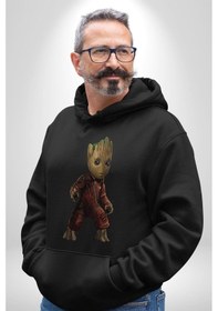 Resim Bebek Groot Guardians Galaxy Kadın Erkek Siyah Kapüşonlu Sweatshirt Hoodie Siyah 