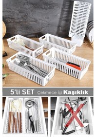 Resim 5'li Modüler Kaşıklık Seti - Mutfak Düzenleyici Çekmece İçi Organizer Bıçaklık Kepçelik Beyaz Beyaz 