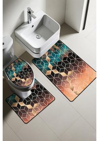 Resim Modern Desenli Dijital Baskı 3 Lü Banyo Paspas Takımı Yıkanabilir Kaymaz Tabanlı Klozet Takımı Klz0014 Renkli 