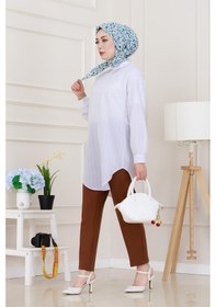 Resim Sevitli Göğüsü Taş Detaylı Oversize Tunik-beyaz-5229 Beyaz 