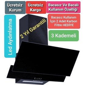 Resim Bacasız Siyah Cam Eğimli Davlumbaz Led Aydınlatma 2 Garantili - 539805332 