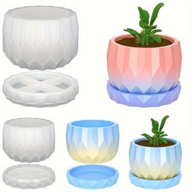 Resim 1set Silikon Saksı Kalıpları Beton Çiçek Saksısı ve Tabak DIY Elmas Şekilli Yüzeyli Vazo Silikon Kalıplar El Yapımı El Sanatları DIY Ev Bahçe Dekorasyonu 