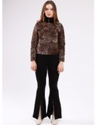 Resim Kahverengi Kadın Leopar Desenli Deri Ceket 