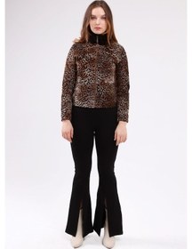 Resim Kahverengi Kadın Leopar Desenli Deri Ceket 