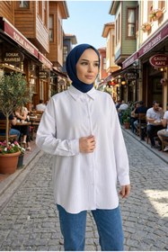 Resim adamila Kadın Kumaş Çizgili Tesettür Tunik Uzun Kollu Düğmeli Rahat Kalııp Günlük Ofis Yazlık Tesettür Tunik 
