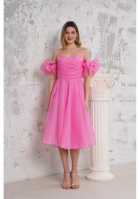Resim Livanomi Kol Detaylı Boyundan Bağlamalı Midi Boy Pembe Abiye Pembe 