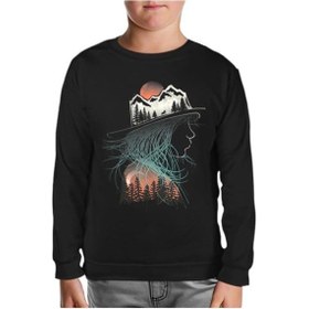 Resim Doğa Macera Kamp Silüet Siyah Çocuk Sweatshirt Siyah 
