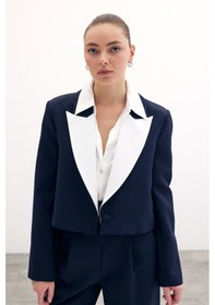 Resim Sateen Kontrast Kısa Ceket - Lacivert-134449 Lacivert 