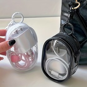 Resim 1 adet Taşınabilir Mini Siyah Şeffaf Fermuarlı Çanta, Kompakt Çok Fonksiyonlu Depolama Çantası, Anahtarlık Halkası ile, Beyaz PVC Şeffaf, Seyahat için 