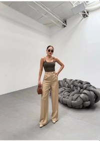 Resim Defymoda Trio Arka Bel Lasti K Detayli Palazzo Pantolon Vizon 