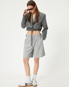 Resim Koton Crop Blazer Ceket Bel Detaylı Bağlamalı Kruvaze Ters Yaka Gri Çizgili 4sal50012ıw Gri 