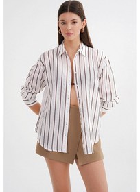 Resim Mixray 4654 Kadın Robalı İnce Çizgili Basic Gömlek Kahve 
