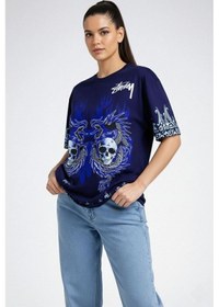 Resim Kadın Oversize Tişört Dragon Kuru Kafa Baskılı Bisiklet Yaka T-shirt - Lacivert 