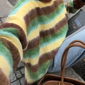 Resim Kadınlar için Rahat Renk Bloklu Çizgili Kazak - Kahverengi, Yeşil, Sarı ve Beyaz Yatay Çizgili, Yuvarlak Yaka, Uzun Kollu, Bahar ve Sonbahar için Mükemmel, Günlük Giyim|Çizgili Kazak| Yapı, Kazak Elbise 