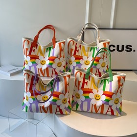Resim 1'li Paket Kadınlar için Gökkuşağı Çiçek Desenli Tote Çanta - Büyük Kapasiteli, "GENTLE" Yazılı ve Neşeli Tasarımlı Fermuarlı Omuz Çantası, Günlük Kullanım & Seyahat İçin Yeniden Kullanılabilir 