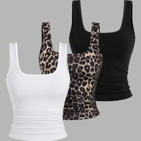 Resim Kadınlar İçin Seksi Göbek Açık Büyük U Yaka Crop Top Yelek Seti - 3'lü Paket, DP111194 