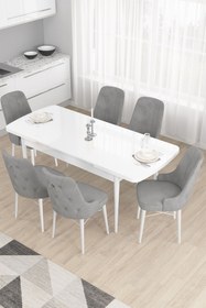 Resim Canisa Concept Taç Serisi Açılabilir Mutfak Masası Takımı 80x132 Beyaz Masa 6 Gri Sandalye 