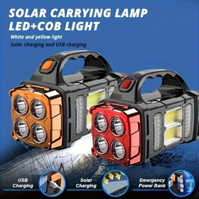Resim 1 Adet Güneş Enerjili Taşınabilir Işık, USB Şarjlı Çok Fonksiyonlu El Feneri - COB Yan Aydınlatma & 4LED Ön/Arka Çift Aydınlatmalı, IP44 Acil Durum ve Kamp İçin LED Çalışma Lambası 