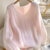 Resim Kadınların Yumuşak Pembe V Yaka Kazak - Bahar, Yaz ve Sonbahar için Rahat Uzun Kollu Kazak, Rahat Bol Kesim, Hafif ve Nefes Alabilir, Günlük Giyim için Mükemmel, Günlük Giyim Kazak | V Yaka Kazak | İnşaat, Kazak Elbise 