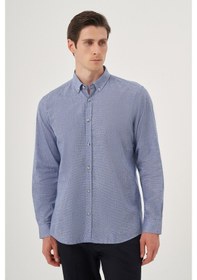 Resim Erkek Mavi Keten Trend Desenli Regular Fit Düğmeli Yaka Gömlek 25ys004027300 Mavi Mavi 