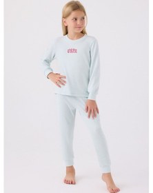 Resim Kız Çocuk Mavi Uzun Kol Pijama Takım Açık Mavi 