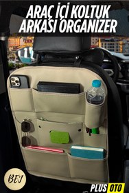 Resim PlusOto Oto Koltuk Arkası Organizer Araç İçi Toparlayıcı Çok Bölmeli Islak Mendil ve Suluklu (BEJ) 