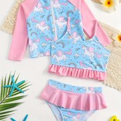 Resim 3 adet Kız Yüzme Fırfır Askılı Bikini Takımı Koruma Tek Boynuzlu Baskı Uzun Kollu Mayo Kızlar Rahatlık Minderi Yaz Havuzu Plaj Aksesuarları Yüzme Takımı 4-7 Yaş için 