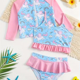 Resim 3 adet Kız Yüzme Fırfır Askılı Bikini Takımı Koruma Tek Boynuzlu Baskı Uzun Kollu Mayo Kızlar Rahatlık Minderi Yaz Havuzu Plaj Aksesuarları Yüzme Takımı 4-7 Yaş için 