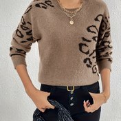Resim Kadınların şık leopar desenli yuvarlak yaka kazakları - Sonbahar ve Kış için rahat dokuma kazak, Hafif Polyester, Şık Etek Detayı, Tüm Mevsimler Kazakı|Leopar Desenli Üst|Zarif Etek Detayı 