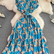 Resim Kadınlar için şık çiçek desenli A-Line elbise - kolsuz yuvarlak yaka, yüksek düşük etek, hafif polyester, yaz etkinlikleri için mükemmel 