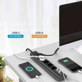 Resim Akım Korumalı 3'lü Priz, Çoklu Priz, Çocuk Korumalı ve Isıya Dayanıklı Yapı, 3x Priz Girişi, 3x USB Girişi, 1x Type-C Girişi, 2 Metre Uzatma Kablosu 