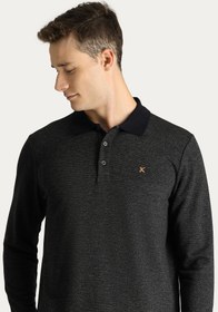Resim Koyu Antrasit Polo Yaka Desenli Nakışlı Sweatshirt 