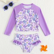 Resim 2 parça sevimli beyaz at desenli kız çocukları için baskılı bikini seti, 1 adet uzun kollu üst + 1 adet volanlı şort, esnek hızlı kuruyan rahat plaj kıyafeti, yaz tatili ve havuz partisi için uygun 