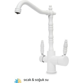 Resim Nephilim Antik Beyazarıtmalı Mutfak Eviye Bataryası 3 Yollu Çift Su Girişli Musluk Çeşme 