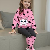 Resim Kızlar İçin İlkbahar/Sonbahar Kalp Desenli Yuvarlak Yaka Tişört + Şık Kedi Baskılı Eşofman Altı İki Parça Takım 