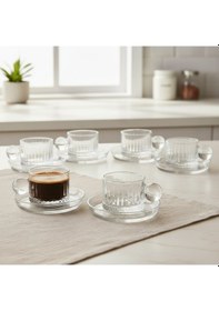 Resim Elysia Desen Cam 6 Kişilik Tabaklı Duble Türk Kahvesi Espresso Fincan Seti 6 X 100 Ml Şeffaf 