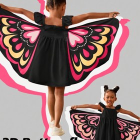 Resim Kızlar için 3D Kelebek Kanat Elbise - Pembe ve Sarı Detaylarla Siyah, Kısa Kollu Volanlı Uç, Yaz Gezileri, Partiler ve Tatiller için Mükemmel, Kelebek Elbise, Parti Kıyafeti, Eğlenceli Tasarım, Rahat Uygunluk 