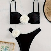 Resim 3D Çiçekli Dekorlu 2 Parça Bikini Seti, Spagetti Askılar Bağcıklı Yüksek Kesim Mayo, Kadınların Mayo Ve Giyim 