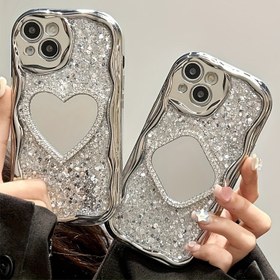 Resim iPhone 15 14 13 12 Pro Max X XS XR XS Max 14 15 Plus 11 için Kaplama Glitter Sequin Dalga 3D Kalp Ayna Telefon Kılıfı Lüks Lens Koruma Kapak 