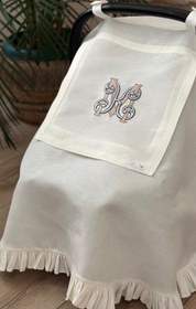 Resim Monogram İşlemeli Keten Puset Örtüsü - Bebek İsim Baş harfleri / Gümüş Sim/Lacivert 
