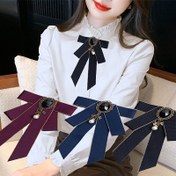 Resim Ofis Hazır] Kadınlar İçin Şık Papyon Kravat - Metalik Vurgular ve Süslemelerle Polyester Kurdele Kuyrukları - Lacivert, Koyu Mor, Siyah - Profesyonel ve Resmi Kıyafetler için Mükemmel 