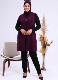 Resim Kadin Buyuk Beden Üç Düğmeli Likralı Yelek - Mürdüm / 5XL 