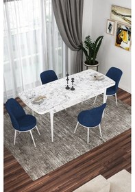 Resim Canisa Kor Serisi 70x114 Açılabilir Mutfak Masası Takımı Beyaz Mermer Desen Masa 4 Lacivert Sandalye Masa Beyaz Mermer Desenli Sandalyeler Lacivert 
