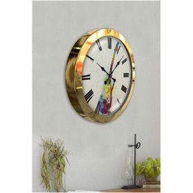Resim Bahat Altın Varaklı Krom Çerçeve Ofis Salon Duvar Saati Çap 35 Cm 