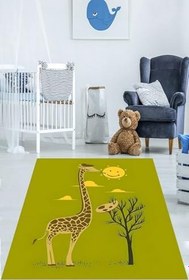 Resim Pelangi Güneş Çizen Zürafa Yıkanabilir Kaymaz Taban Leke Tutmaz Çocuk Odası Halısı, Yeşil 80 x 150 