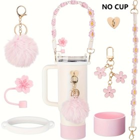 Resim 30oz/40oz Spor Kupa için 7 Parça Aksesuar Seti, Silikon Çayır Kapağı, Şişe Ayakkabı Kulplu Askı, Mücevherler, Pembe Kupa Dekorasyonları, BPA-Free, Kolay Kurulum, Yeniden Kullanılabilir 