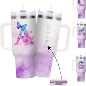 Resim 1 Adet Kişiselleştirilebilir 40oz Paslanmaz Çelik Seyahat Bardağı Saplı ve Pipetli - Sızdırmaz BPA İçermeyen Yalıtımlı Su Şişesi, Kadınlar için Özel Hediye (Anneler Günü, Noel, Mezuniyet), Dağcılık Hidrasyonu | Pastel Renk Tasarımı | Sadece Elde Yıkama 