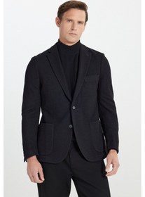 Resim AC&Co / Altınyıldız Classics Erkek Siyah Slim Fit Dar Kesim Mono Yaka Torba Cepli Yünlü Esnek Blazer Ceket Siyah 